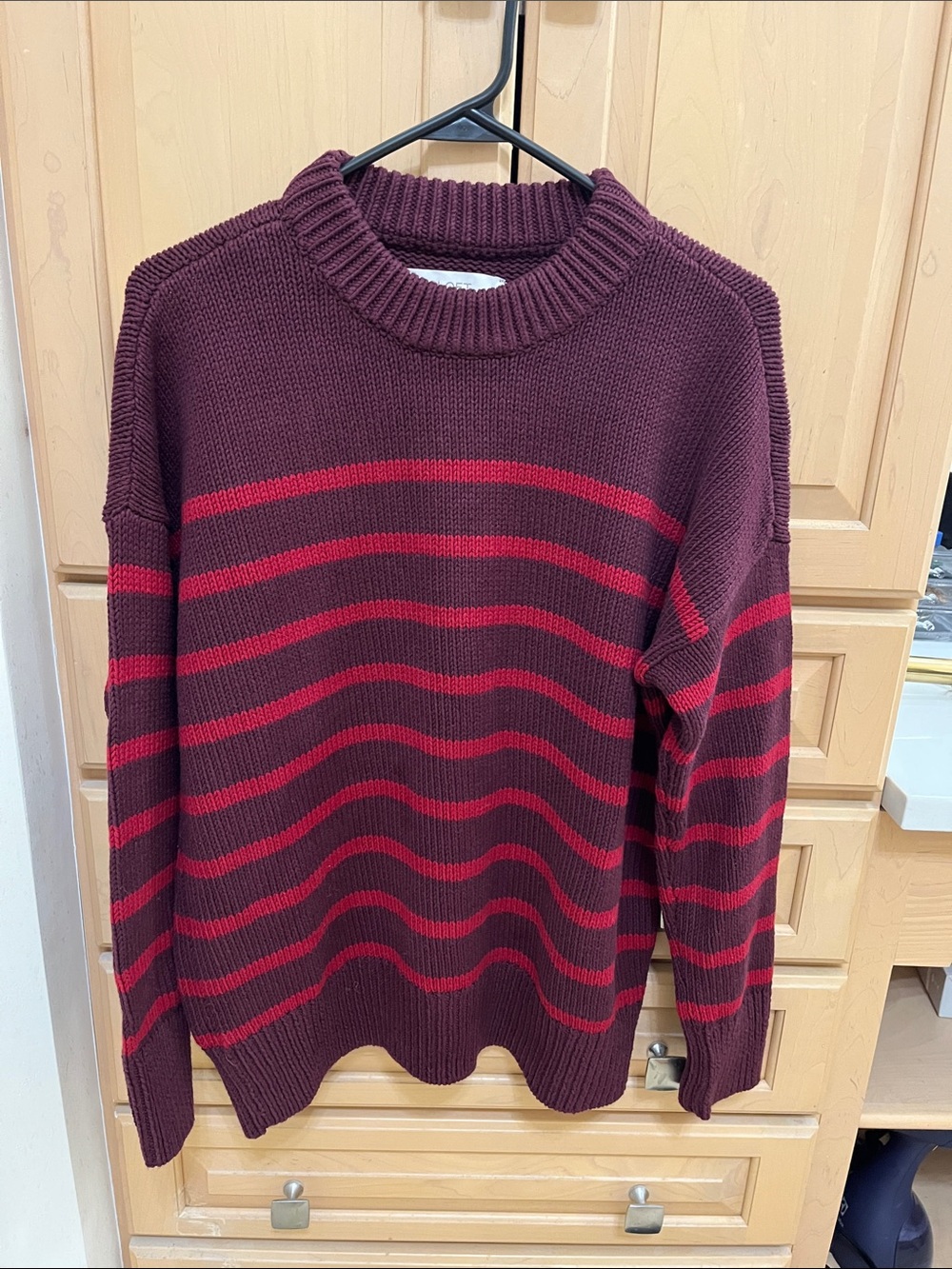 LOFT Women's Burgundy Crewneck Sweater with Red Stripes